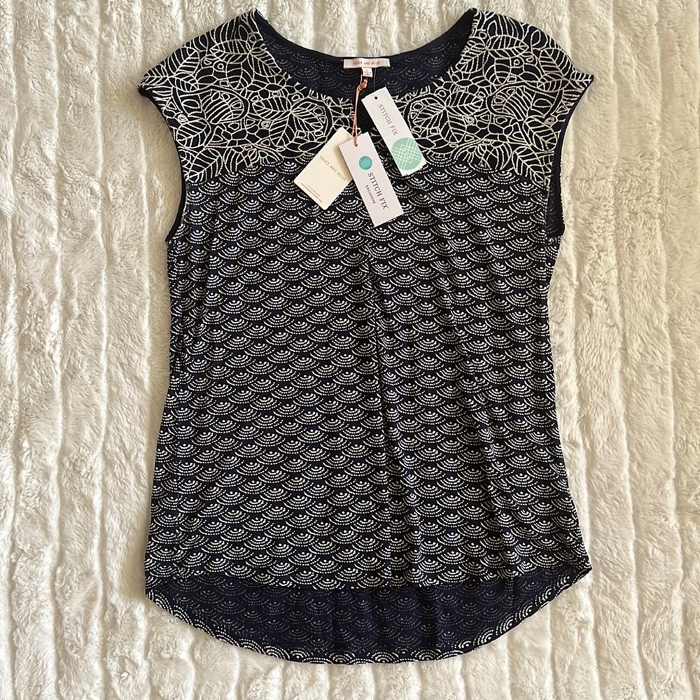Skies are Blue Delila Embroidery Neckline Knit Top - Navy
